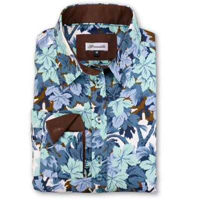 Grenouille Camicia a maniche lunghe con stampa di foglie menta, blu e marrone