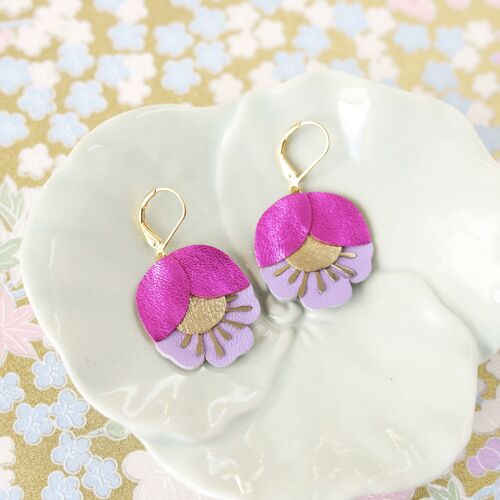 Boucles d'oreilles Fleur de Cerisier - cuir rose fuchsia métallisé, doré, mauve