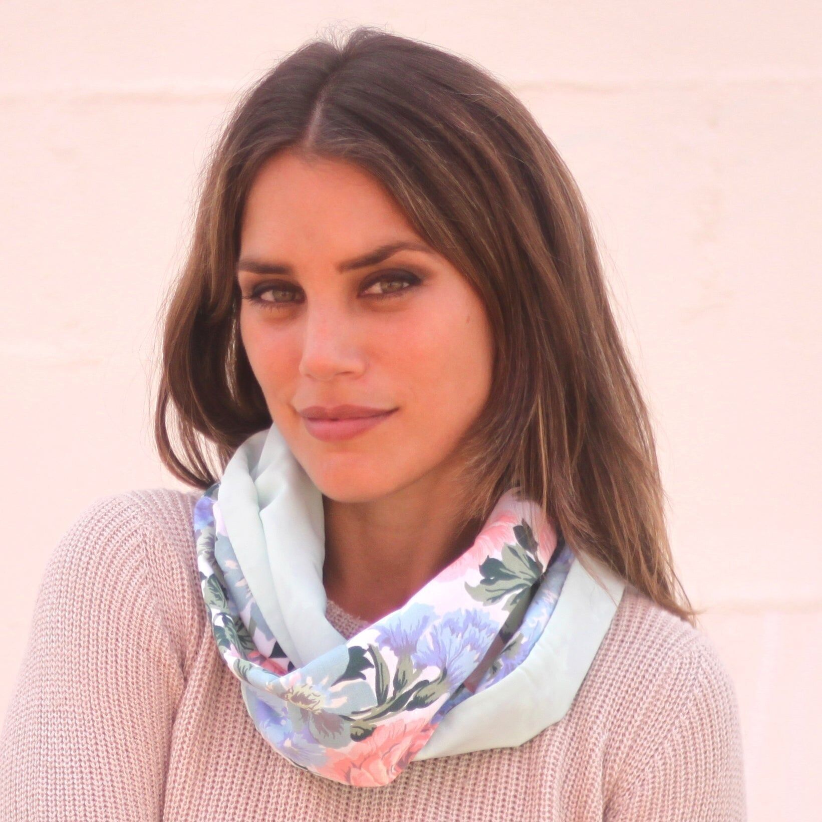 Sciarpa Circolare Reversibile Fiori Denim / Verde Acqua