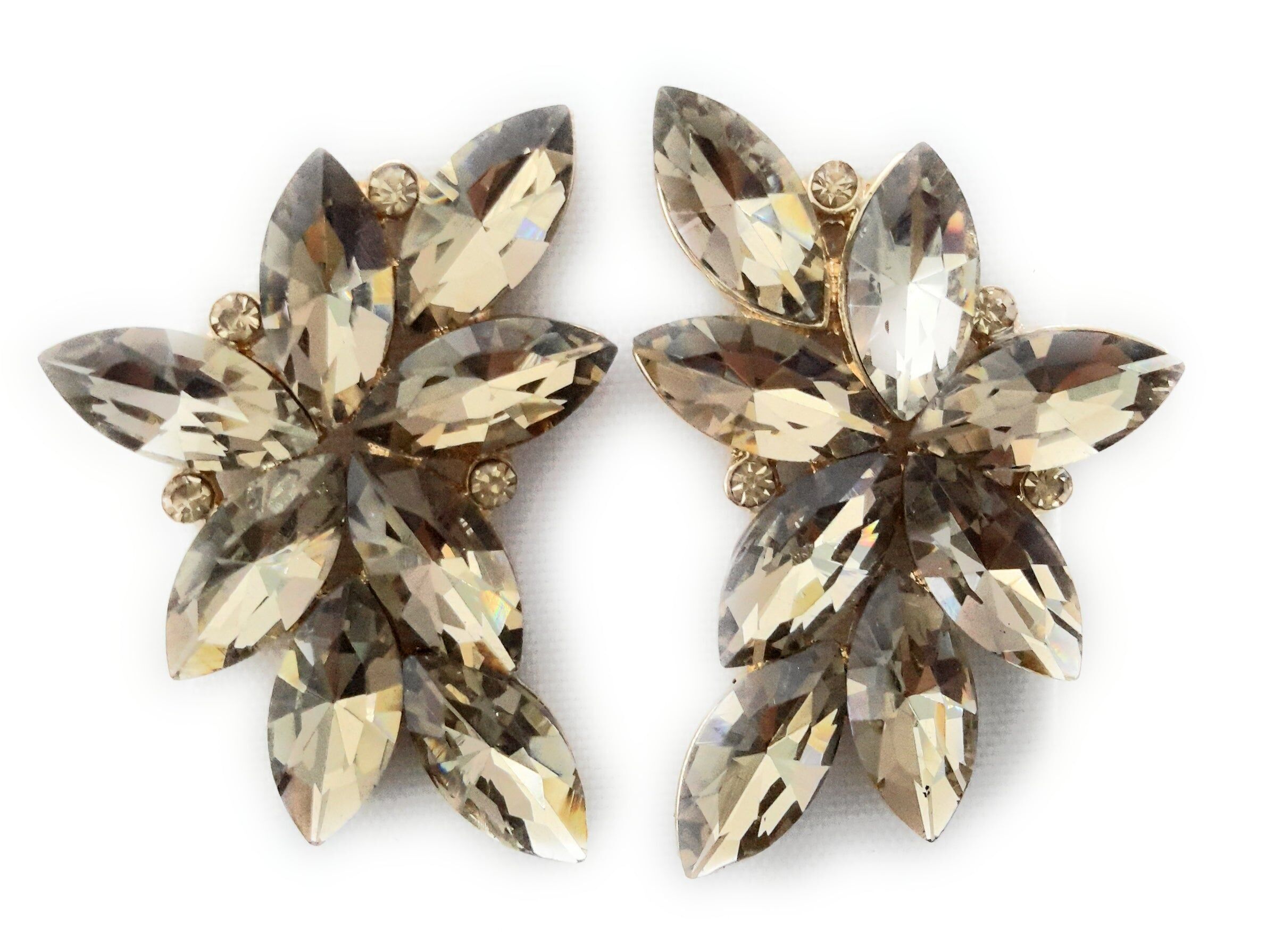 Spettacolari Orecchini Floreali Cristalli Champagne, Oro
