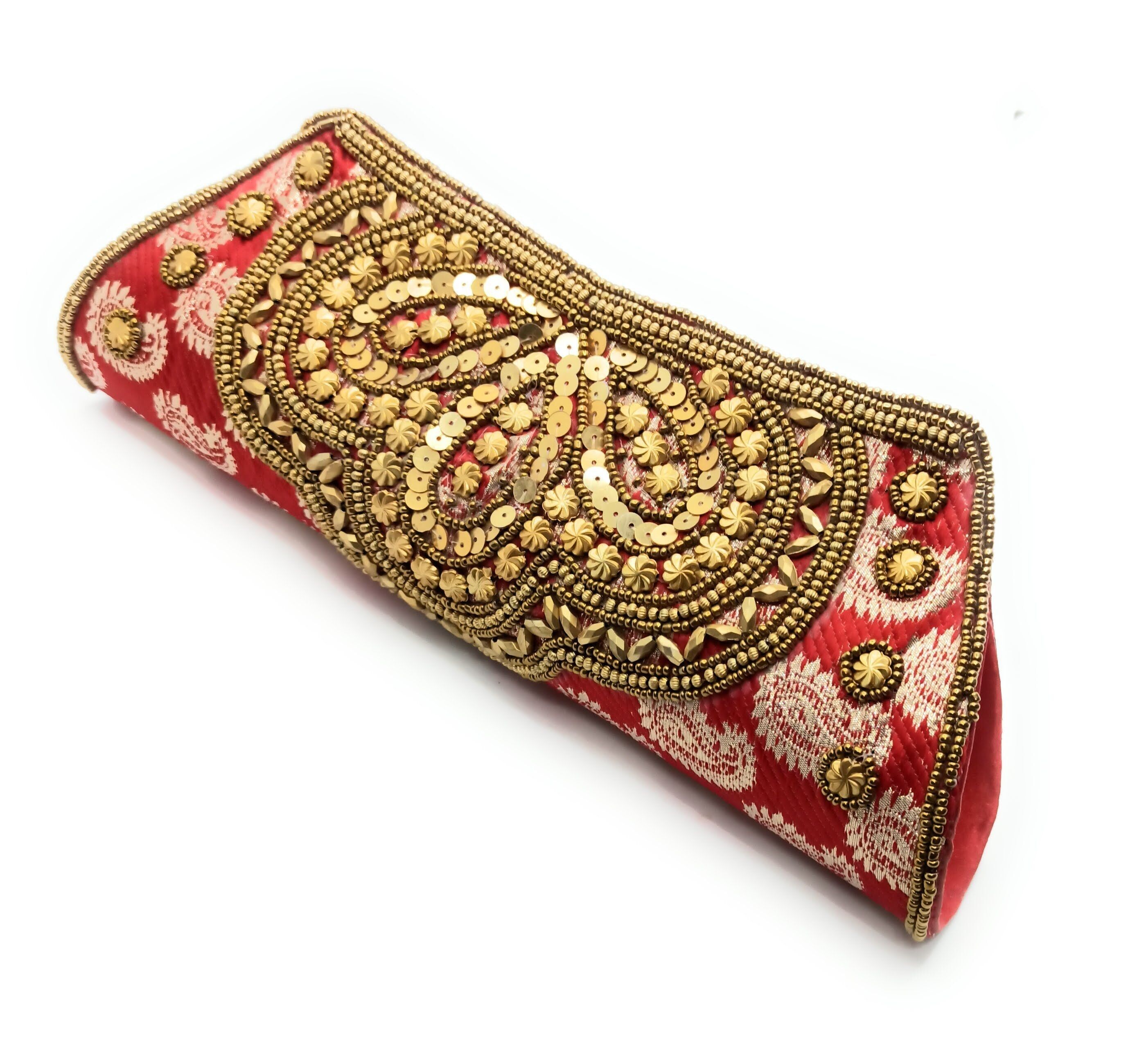 Borsetta Party Bag Ricamata artigianato etnico, Trapezio Rosso - Manico Corto