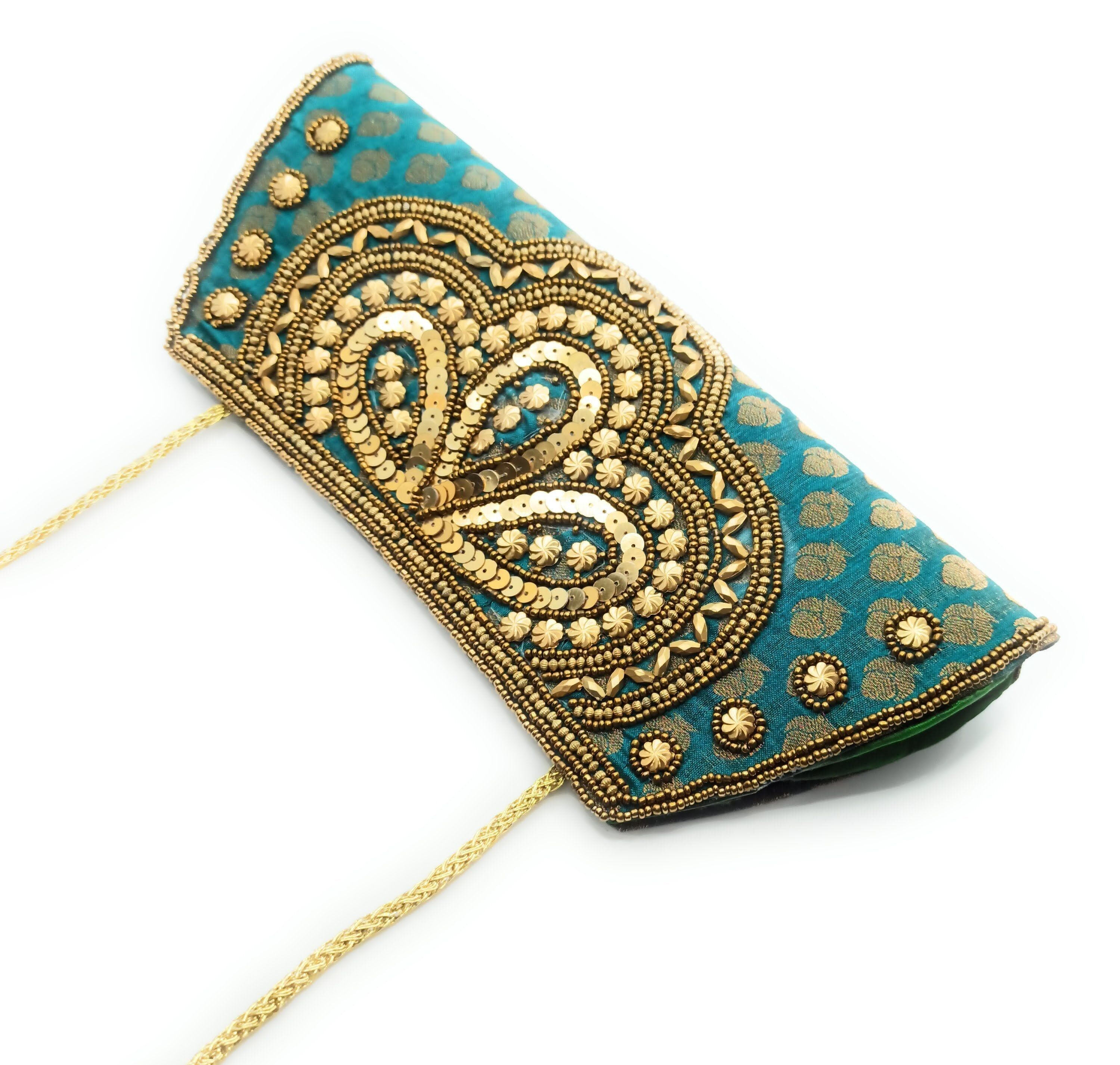 Borsetta Party Bag Ricamata artigianato etnico, Trapezio Smeraldo - Manico Lungo