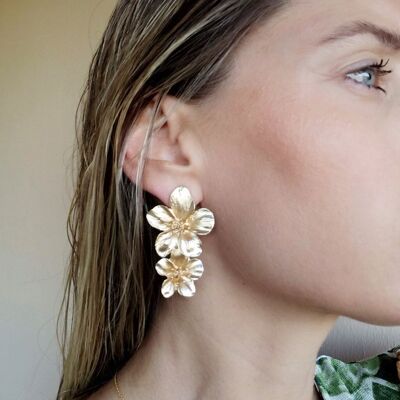 Long Golden Double Flower Earrings Matte Gold