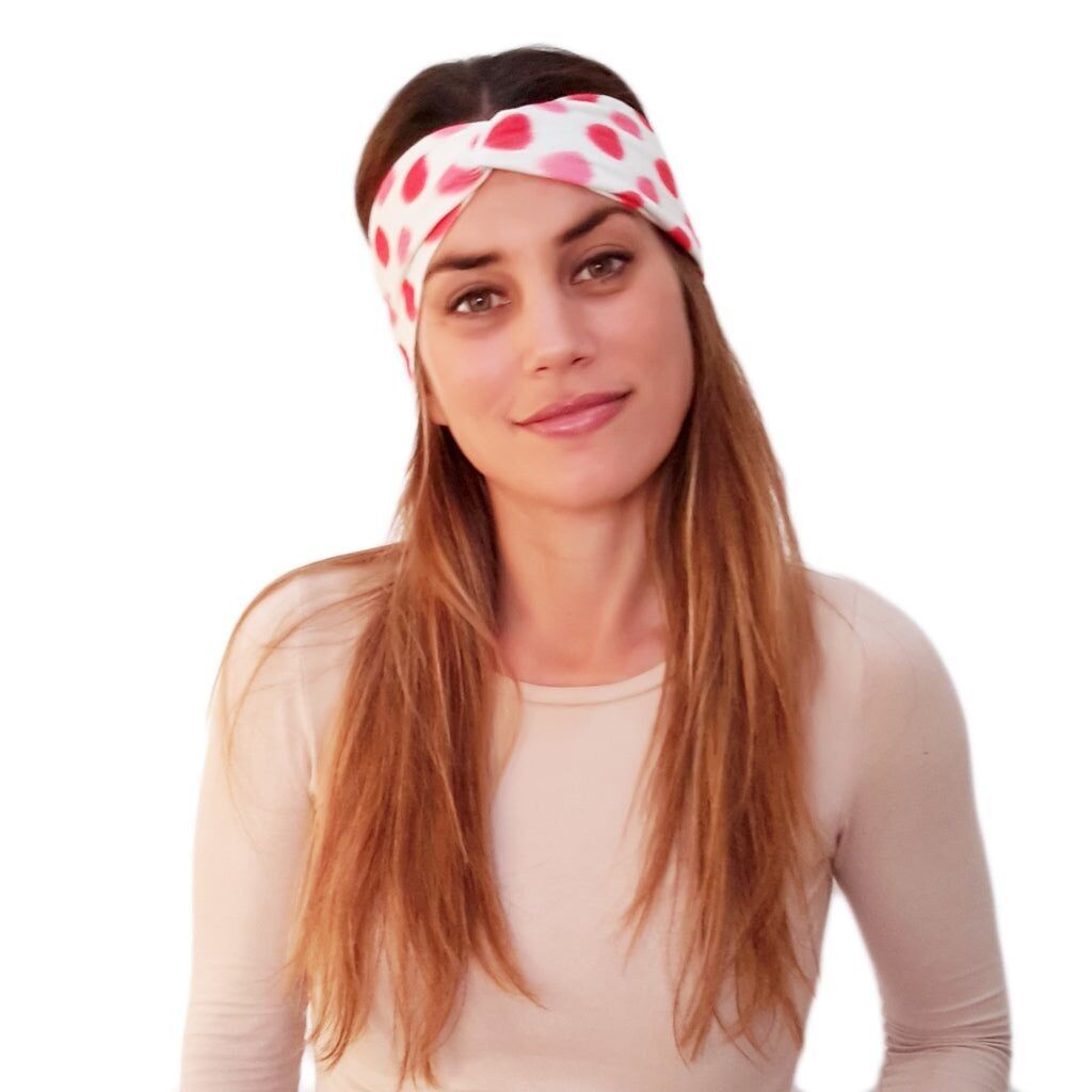 Cinta de Pelo Elástica con Nudo · Lunares Coral Blanco