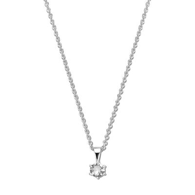 Silver necklace with pendant 6mm round white zirconia 40+5cm rhodium plated