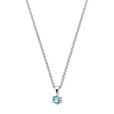 Silver necklace with pendant 6mm round light blue zirconia 40+5cm rhodium plated