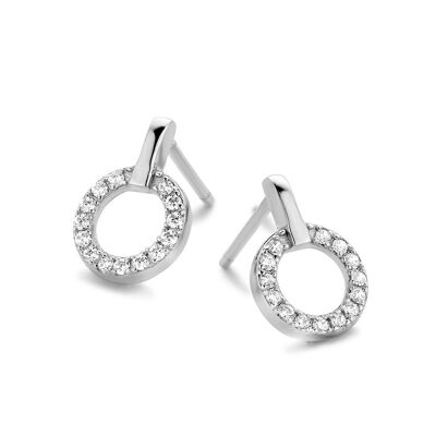 Silver earrings open circle with round white zirconia rhodium plated