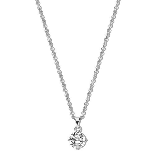 Silver necklace with pendant 8mm round white zirconia 40+5cm rhodium plated