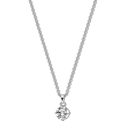 Silver necklace with pendant 8mm round white zirconia 40+5cm rhodium plated