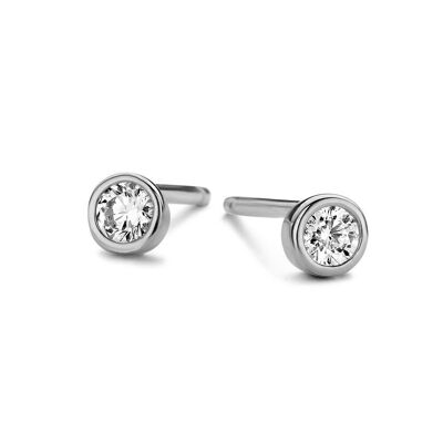 Silver earrings bezel 3mm round white zirkonia rhodium plated