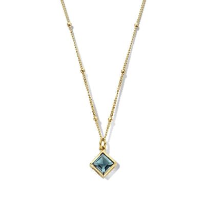 Collier en argent avec pendentif carré verre bleu londres 40+5cm plaqué or