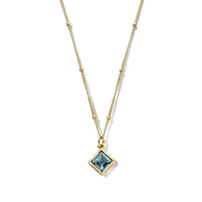 Silver necklace with pendant square london blue glass 40+5cm gold plated