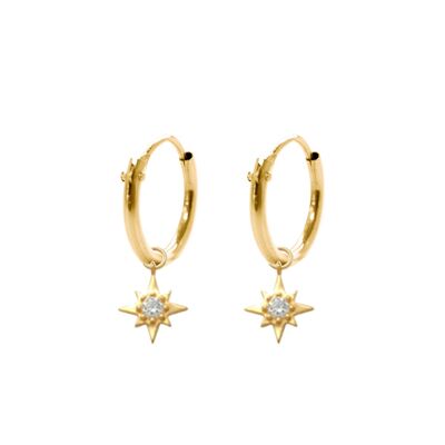 14K yellow gold hoop earrings 10mm with pendants star zirconia