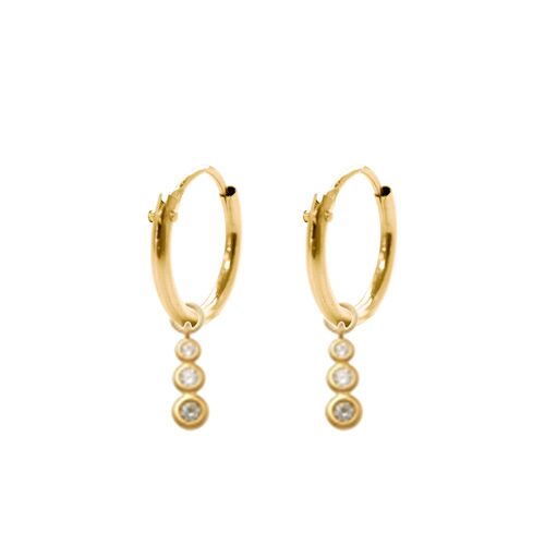 14K yellow gold hoop earrings 10mm with pendants 3 round zirconia