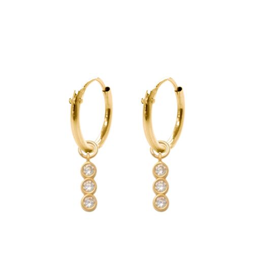 14K yellow gold hoop earrings 10mm with pendants 3 round zirconia