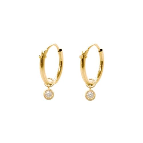 14K yellow gold hoop earrings 10mm with pendants round zirconia