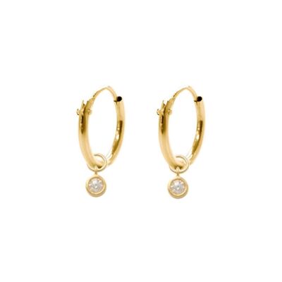 14K yellow gold hoop earrings 10mm with pendants round zirconia