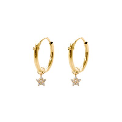 14K yellow gold hoop earrings 10mm with pendants star zirconia