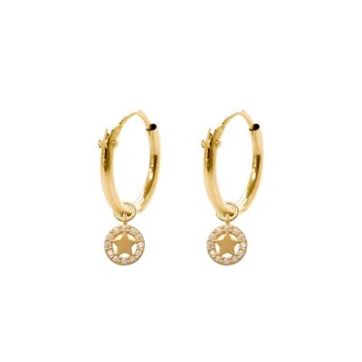 14K yellow gold hoop earrings 10mm with pendants open ring with star zirconia