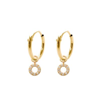 Aretes de aro de oro amarillo de 14 quilates de 10 mm con colgantes circulares de circonita