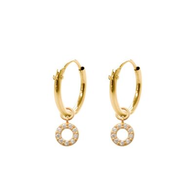 14K yellow gold hoop earrings 10mm with zirconia circle pendants