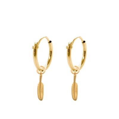 14K yellow gold hoop earrings 10mm with pendants feather