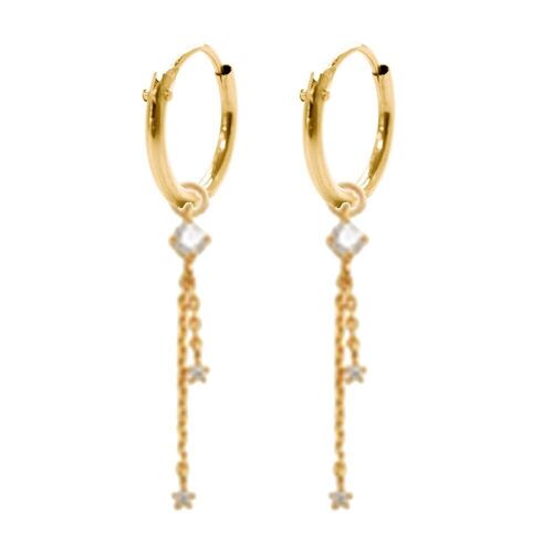 14K yellow gold hoop earrings 10mm with pendants 2 chains with round zirconia