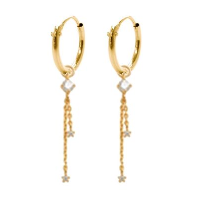 Orecchini a cerchio in oro giallo 14K 10mm con pendenti 2 catene con zirconi tondi