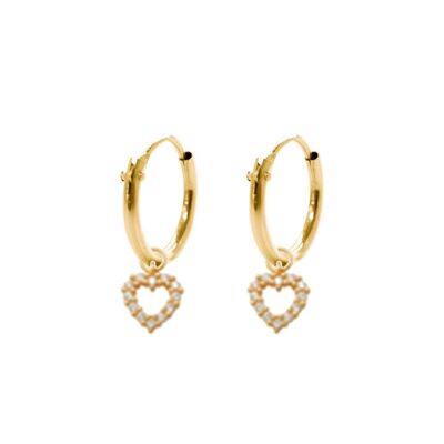 14K yellow gold hoop earrings 10mm with pendants open heart zirconia