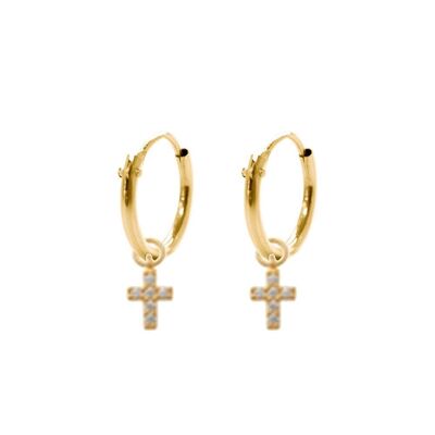 14K yellow gold hoop earrings 10mm with pendants cross and round zirconia