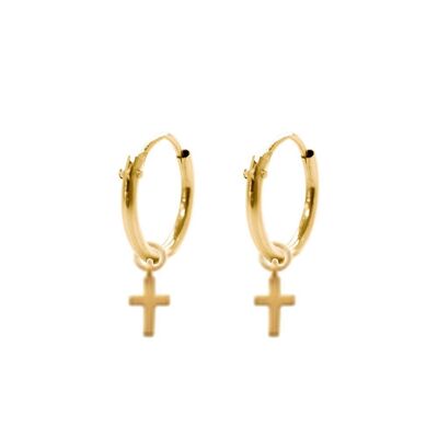 14K yellow gold hoop earrings 10mm with pendants cross