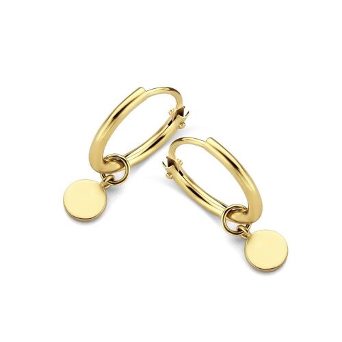 14K yellow gold hoop earrings 10mm with pendants disc