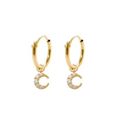 14K yellow gold hoop earrings 10mm with pendants moon with round zirconia