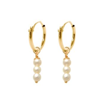 Boucles d'oreilles créoles en or jaune 14K 10mm avec pendentifs 3 perles d'eau douce 1