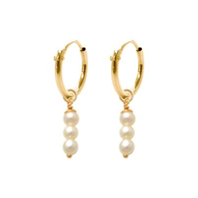 14K yellow gold hoop earrings 10mm with pendants 3 fresh water pearls