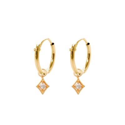 14K yellow gold hoop earrings 10mm with pendants rhombus zirconia