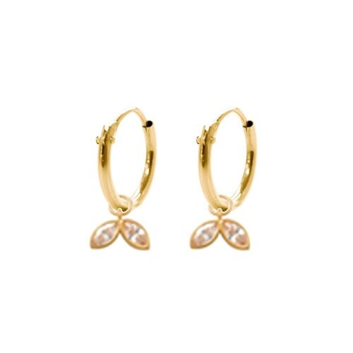 14K yellow gold hoop earrings 10mm with pendants double leafs zirconia