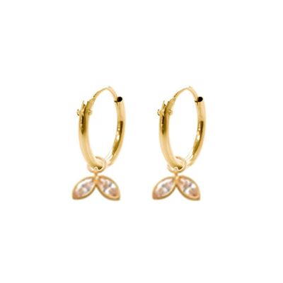 Aretes de aro de oro amarillo de 14 quilates de 10 mm con colgantes de dos hojas de circonita