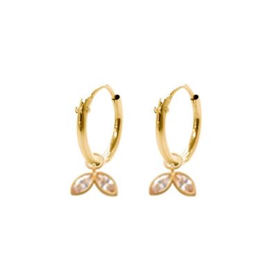 14K yellow gold hoop earrings 10mm with pendants double leafs zirconia
