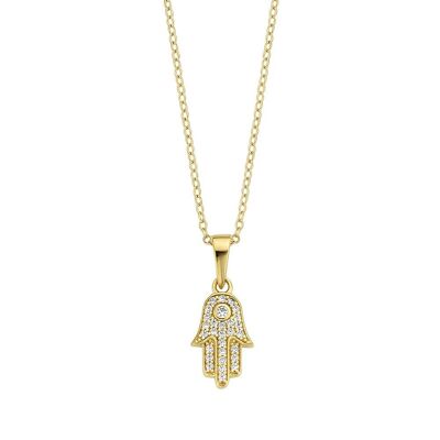 Collana in argento charm hamsa con zirconi bianchi tondi 40+5cm placcati oro