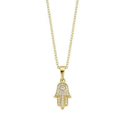 Silver necklace hamsa charm with white round zirconia 40+5cm gold plated