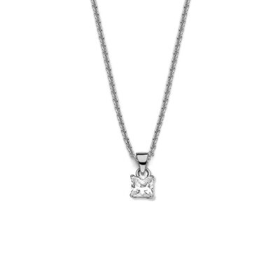 Silver necklace with pendant 5mm white square zirconia 40+5cm rhodium plated