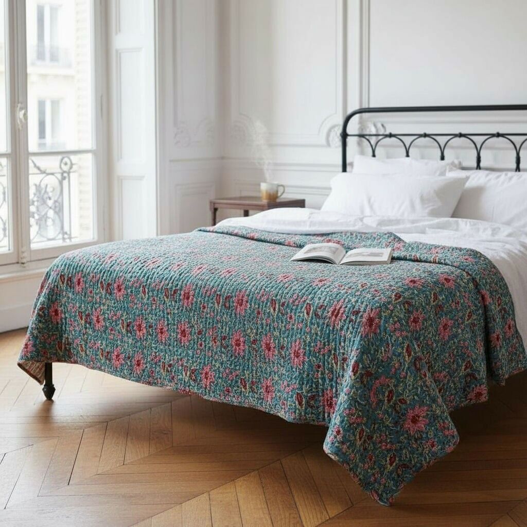 Copriletto in cotone con stampa “Joy”.