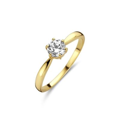 14K yellow gold ring solitaire white round ziconia 6 prongs