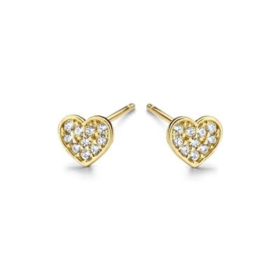 14K yellow gold earrings heart with white round zirconia pavé