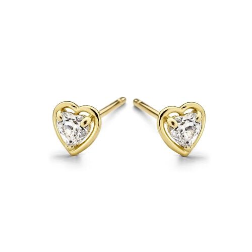 14K yellow gold earrings heart with 5mm white round zirconia