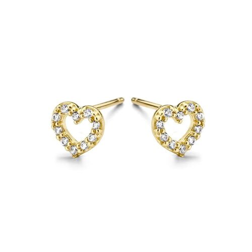 14K yellow gold earrings open heart with white round zirconia