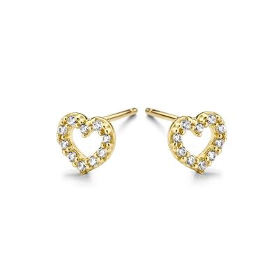 Boucles d'oreilles en or jaune 14K coeur ouvert avec zircone ronde blanche