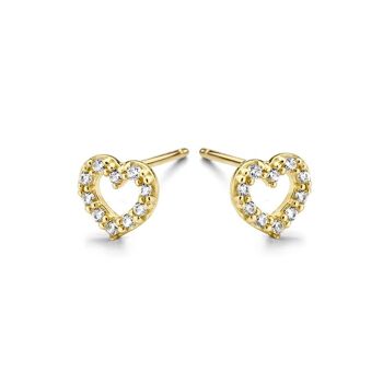 Boucles d'oreilles en or jaune 14K coeur ouvert avec zircone ronde blanche 1