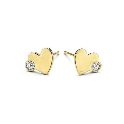 14K yellow gold earrings 6mm heart with one white round ziconia